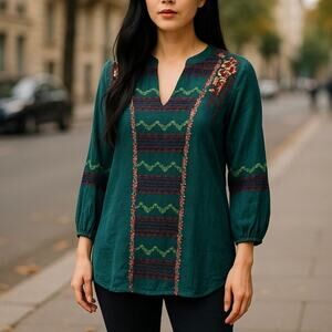 Soft Surroundings Teal Green Cotton Embroidered Peasant Top